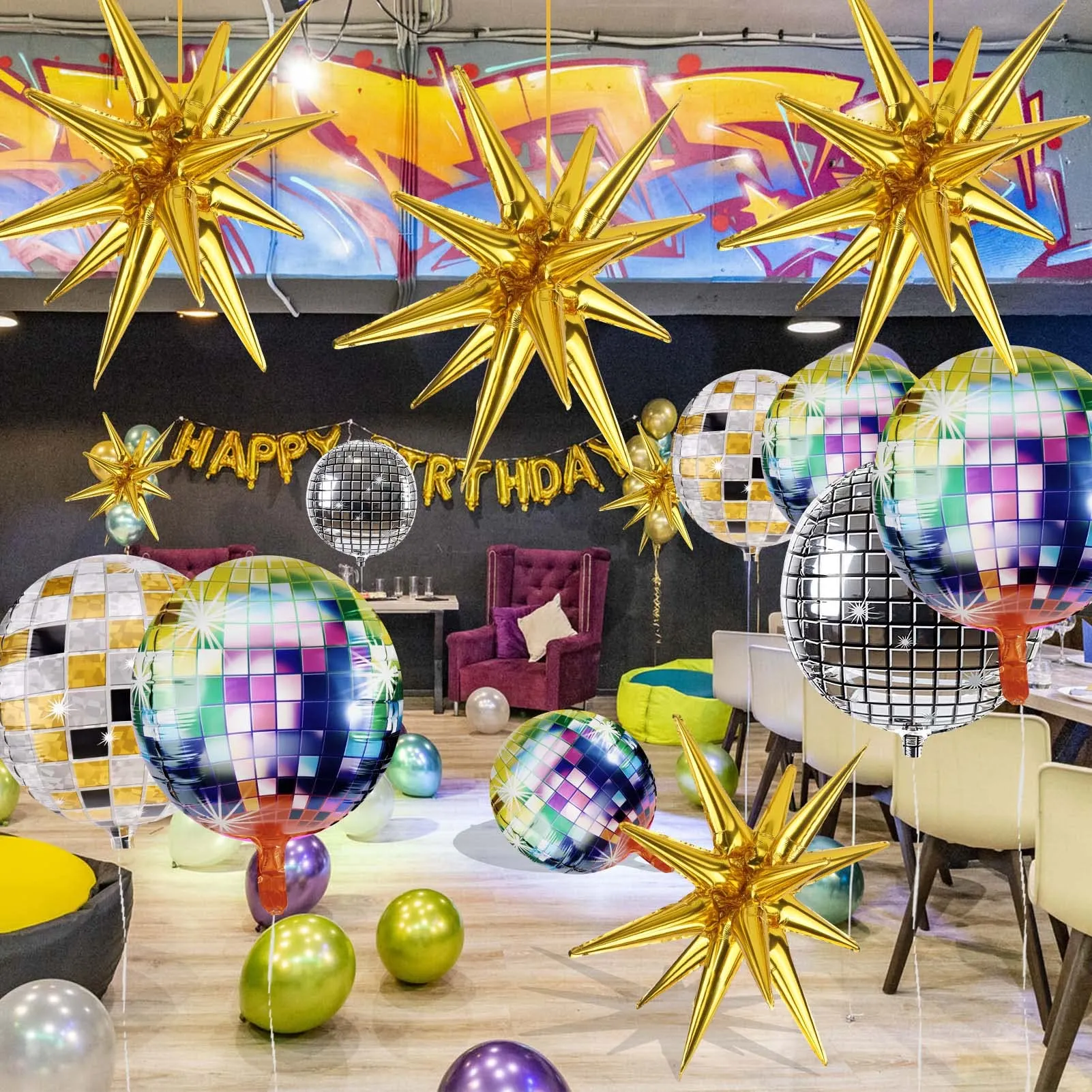 12 Pcs Disco Ball Balloons, Huge Gold Explosion Star Aluminum Foil Balloons for Birthday, Bachelorette Party, 70s 80s 90s Theme Disco Party Decorations Supplies