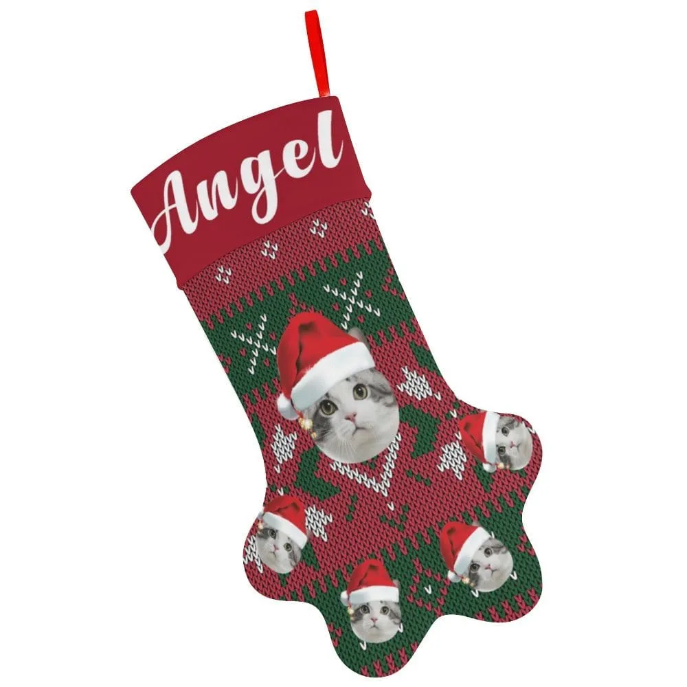 16.6in(L) Plus Size-Custom Pet Face Red And Green Background & Name Socks Paw Christmas Stocking Holiday Decor Gifts