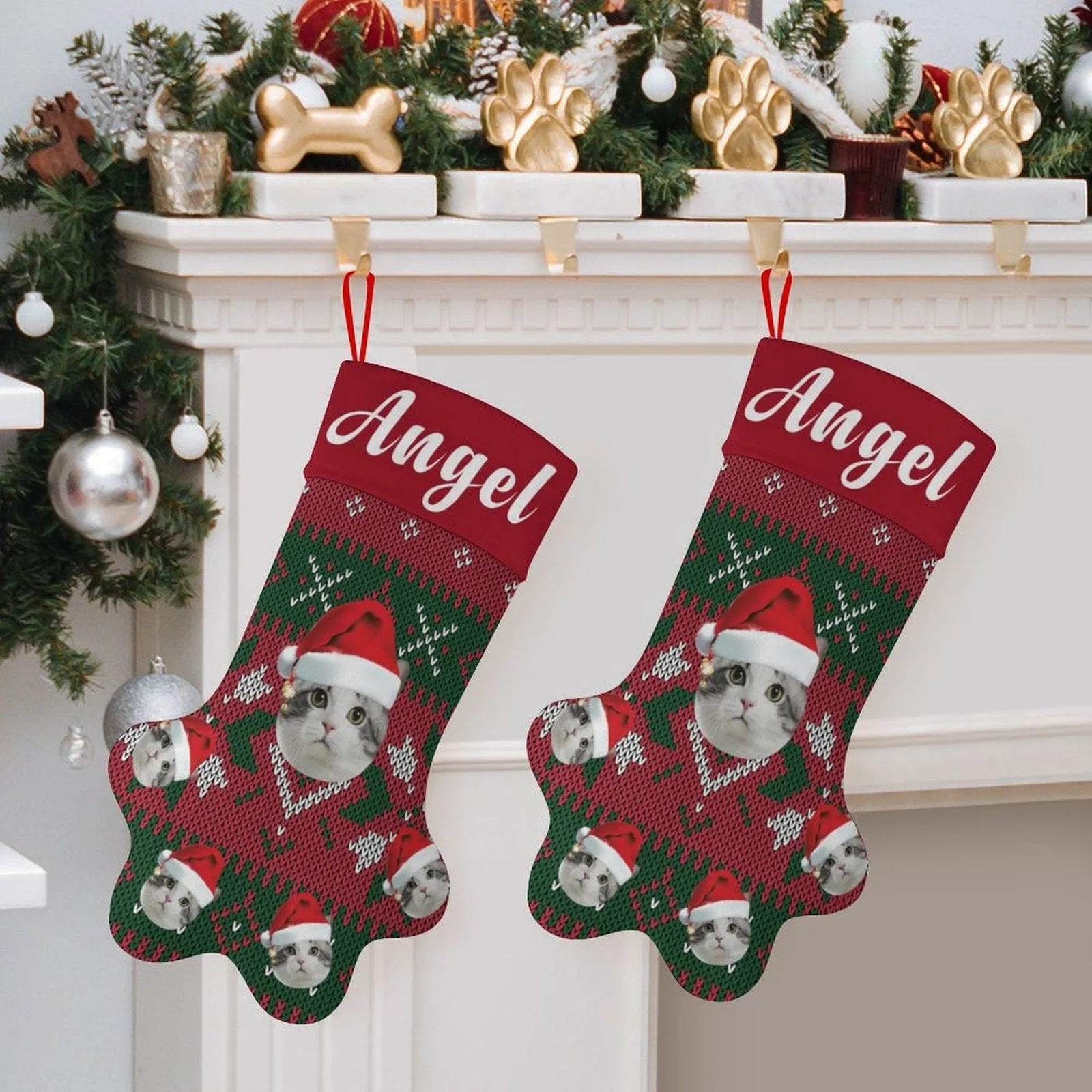 16.6in(L) Plus Size-Custom Pet Face Red And Green Background & Name Socks Paw Christmas Stocking Holiday Decor Gifts