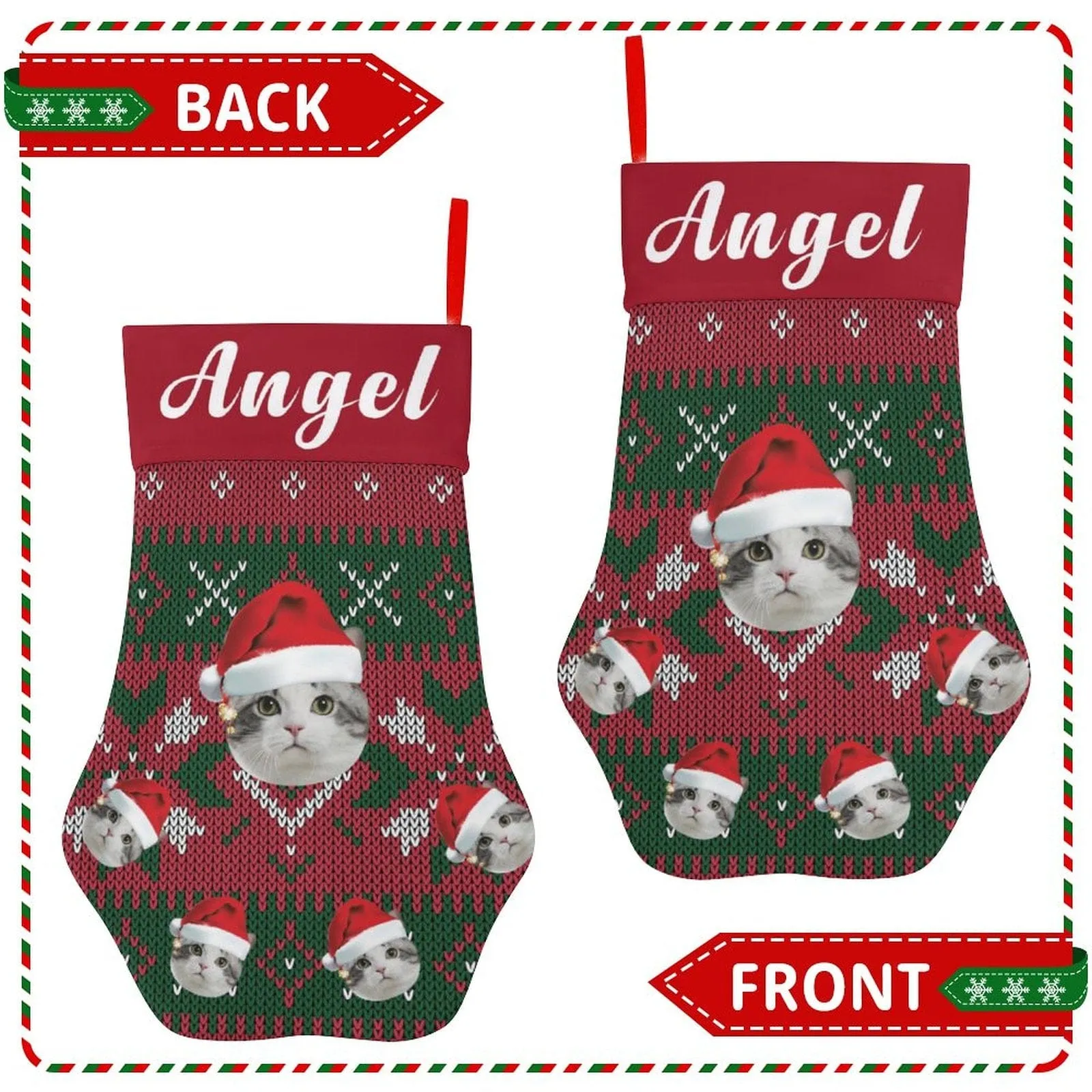 16.6in(L) Plus Size-Custom Pet Face Red And Green Background & Name Socks Paw Christmas Stocking Holiday Decor Gifts