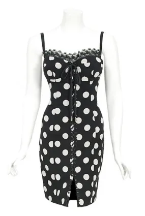 1990's Dolce & Gabbana Polka-Dot Print Silk Bustier Lace-Up Slip Dress