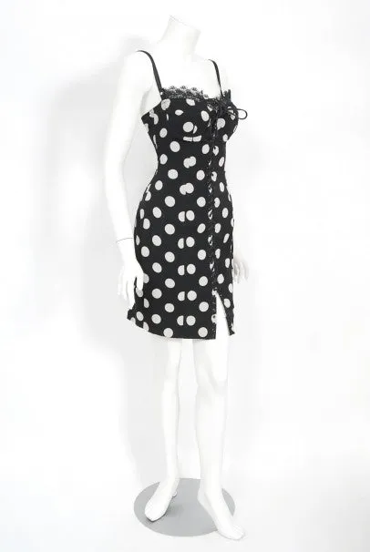 1990's Dolce & Gabbana Polka-Dot Print Silk Bustier Lace-Up Slip Dress