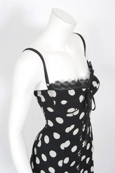 1990's Dolce & Gabbana Polka-Dot Print Silk Bustier Lace-Up Slip Dress