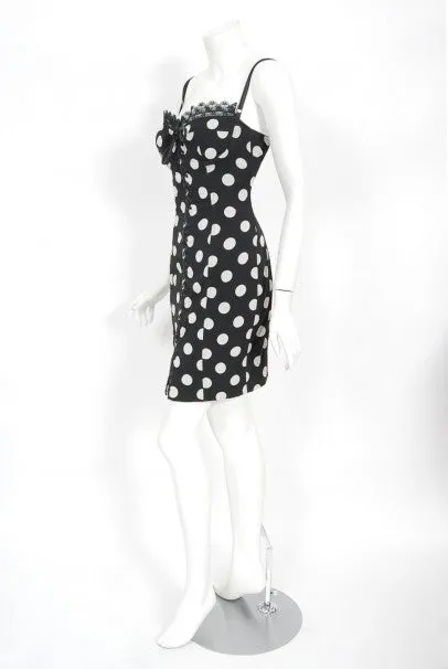 1990's Dolce & Gabbana Polka-Dot Print Silk Bustier Lace-Up Slip Dress