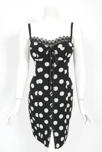 1990's Dolce & Gabbana Polka-Dot Print Silk Bustier Lace-Up Slip Dress