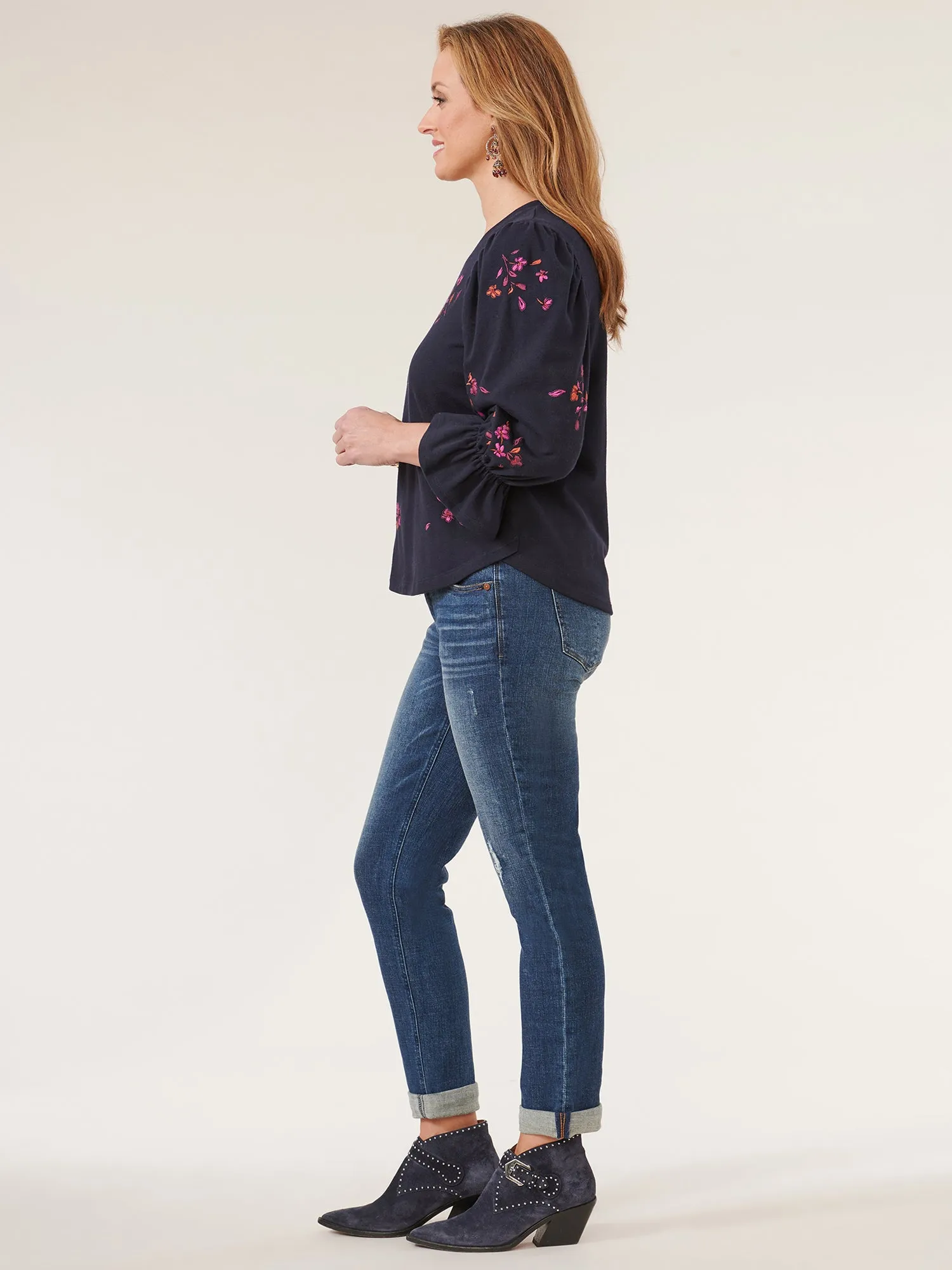 3/4 Puff Sleeve Scoop Neck Embroidered Sweatshirt