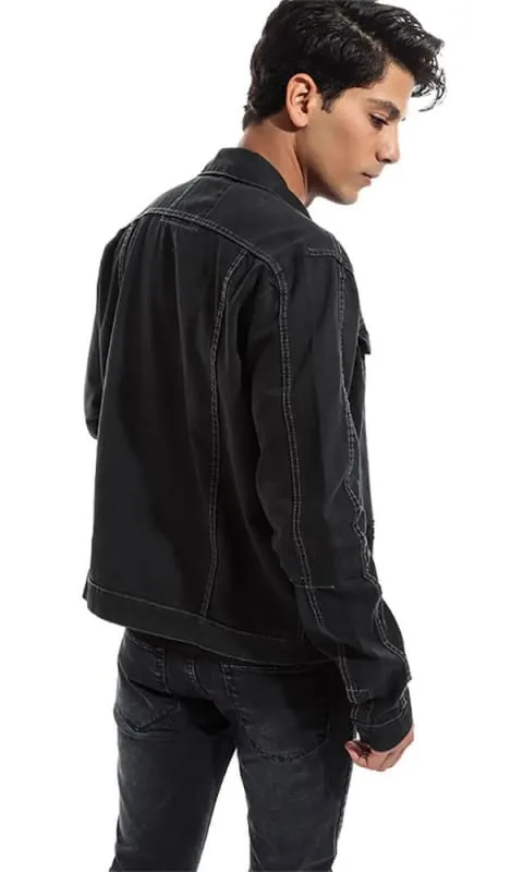 46817 Ripped Men Denim Casual Jacket - Black