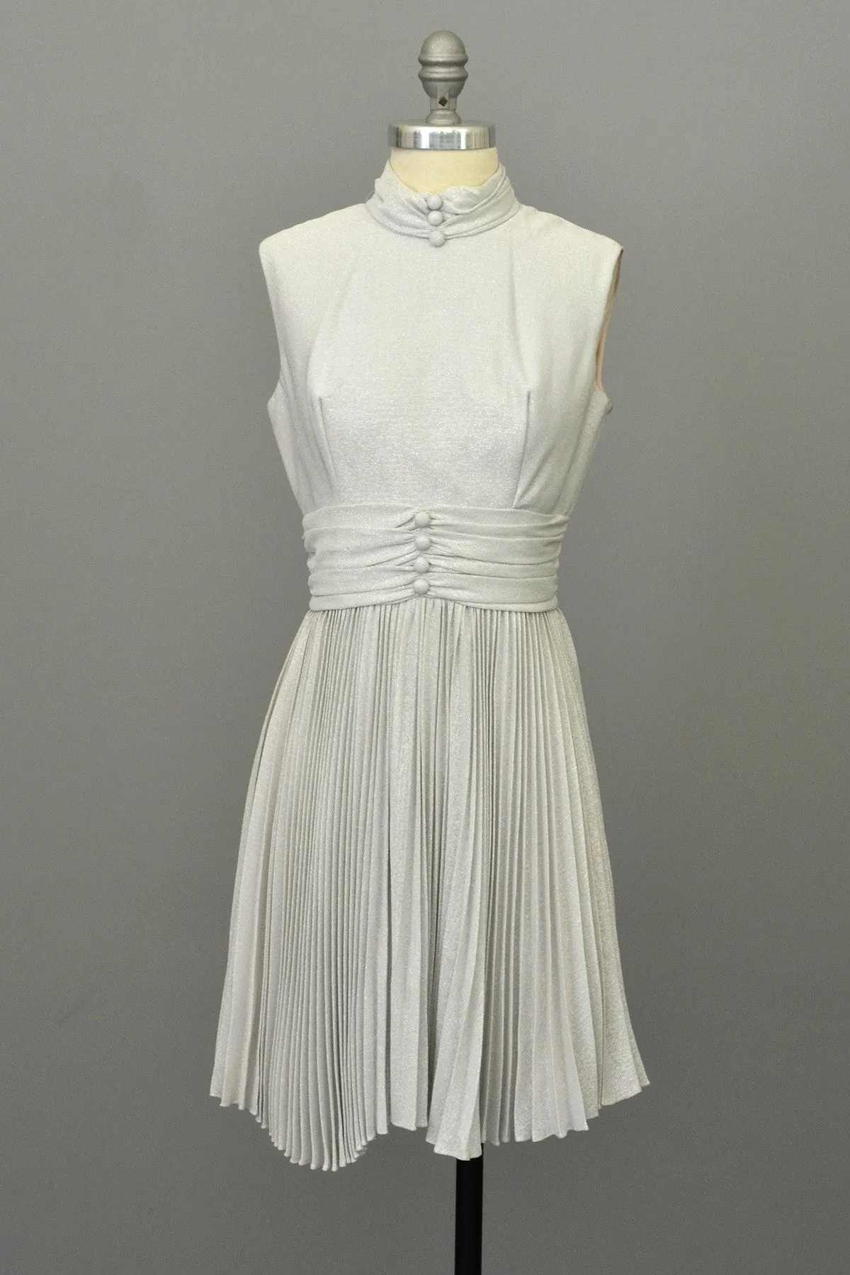 70s Silver Metallic Lurex Pleated Mini Party Dress