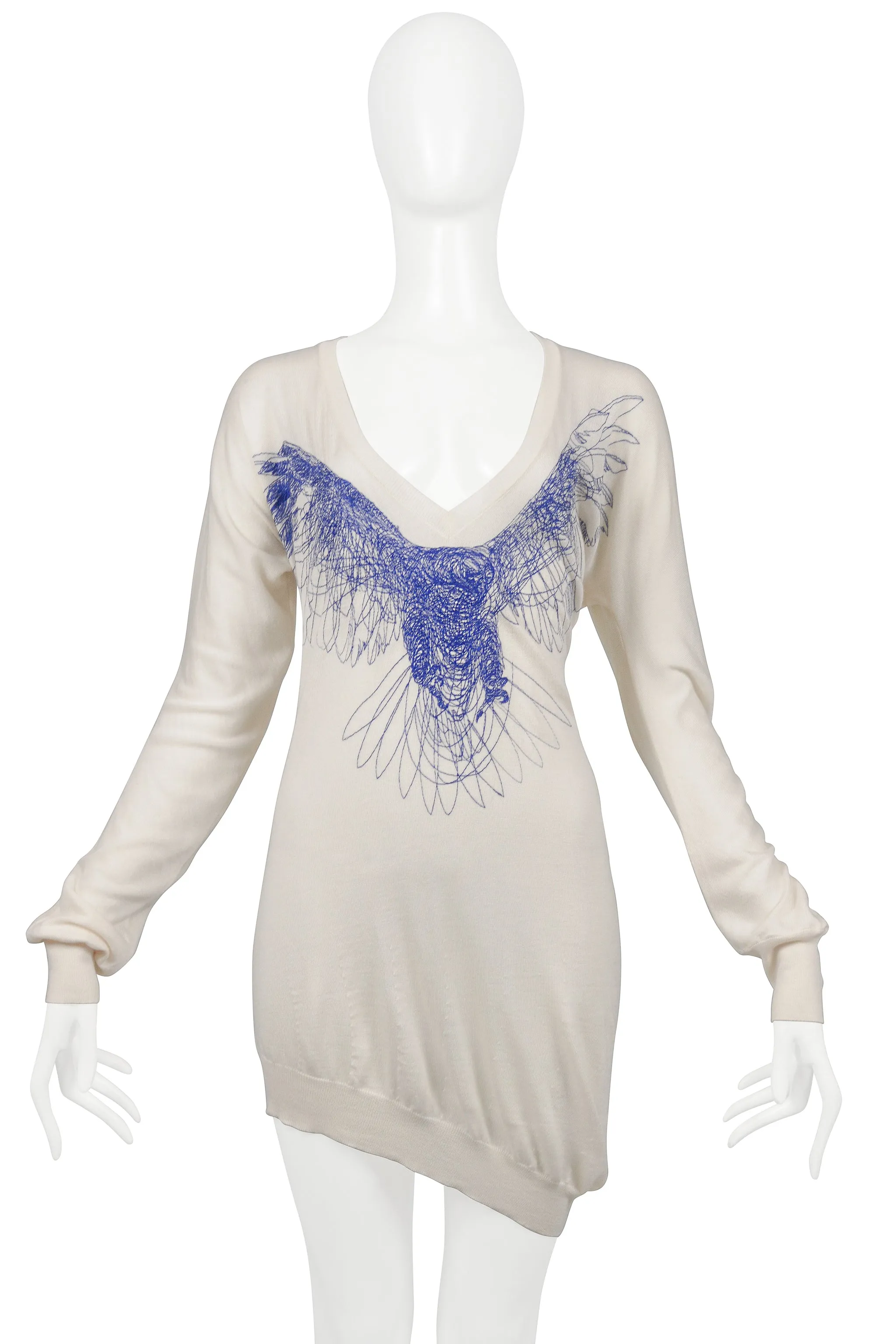 ALEXANDER MCQUEEN OFF-WHITE CASHMERE SWEATER DRESS WITH EMBROIDERED BIRD