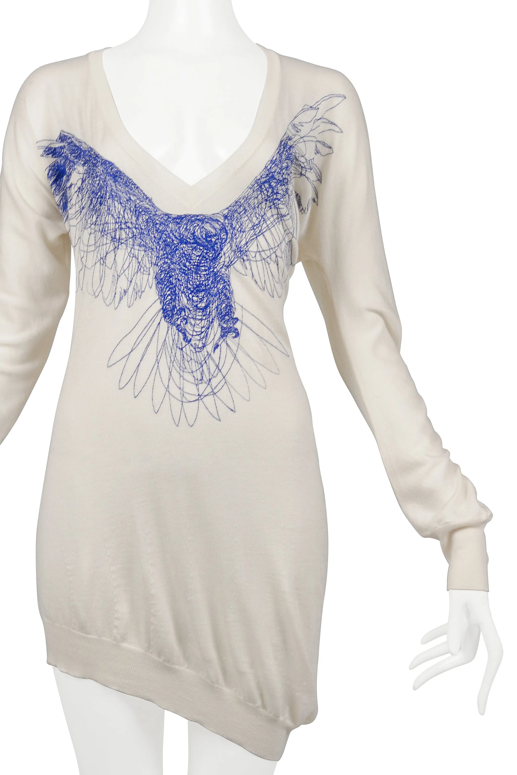 ALEXANDER MCQUEEN OFF-WHITE CASHMERE SWEATER DRESS WITH EMBROIDERED BIRD