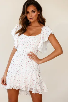 All Or Nothing Flounce Sleeve Lace-Up Back Dress Spot Print White/Rose