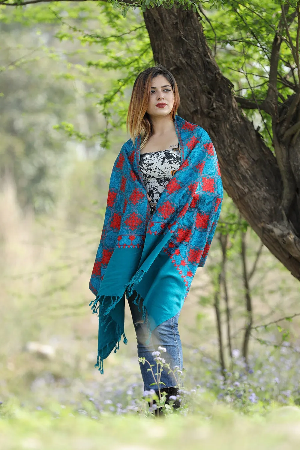 Amazing Turquoise Blue/Green Colour Stole With Graceful Dense Jaal Pattern Of Kashmiri Embroidery Makes It An Ideal Wear.