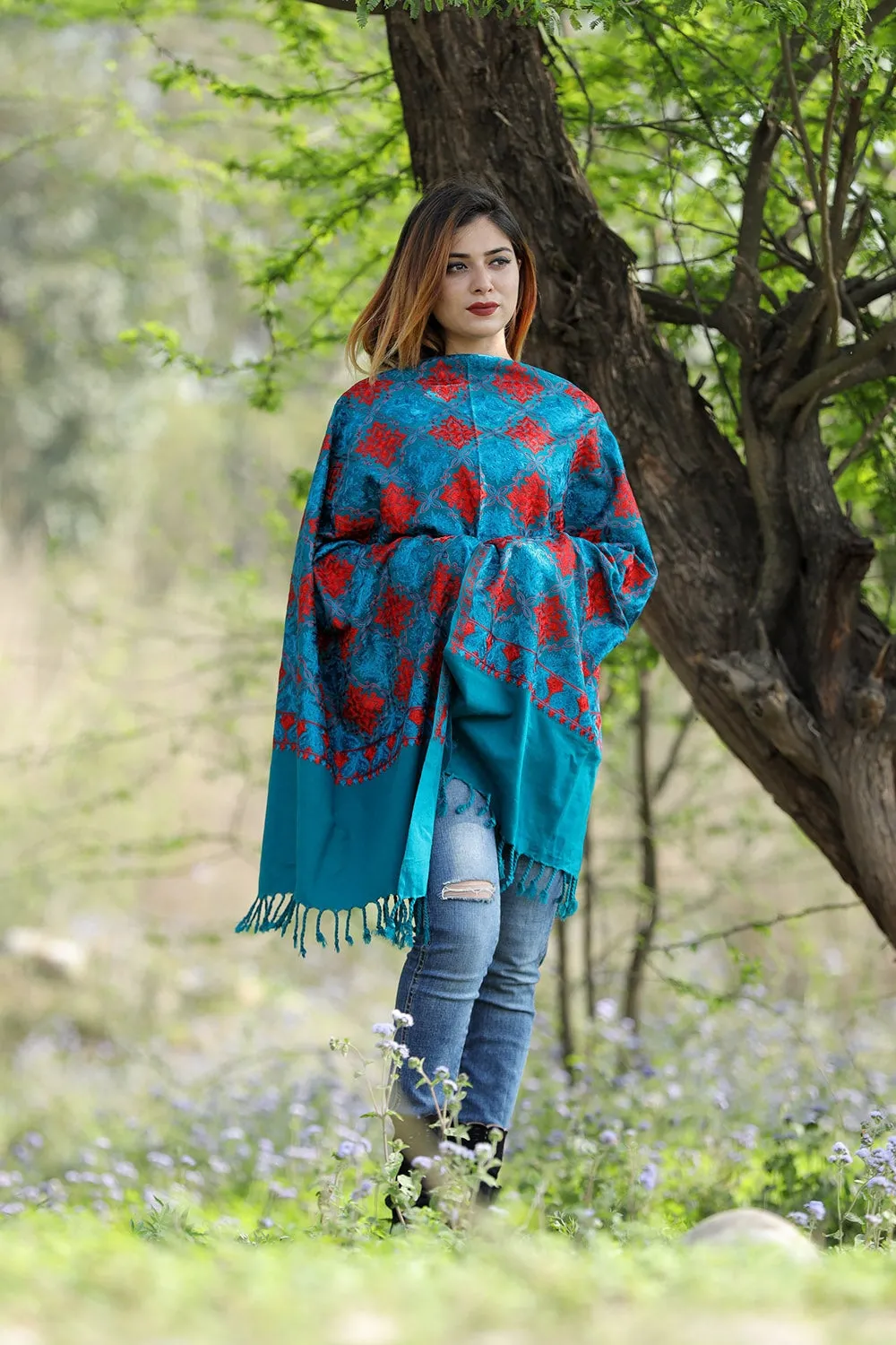 Amazing Turquoise Blue/Green Colour Stole With Graceful Dense Jaal Pattern Of Kashmiri Embroidery Makes It An Ideal Wear.