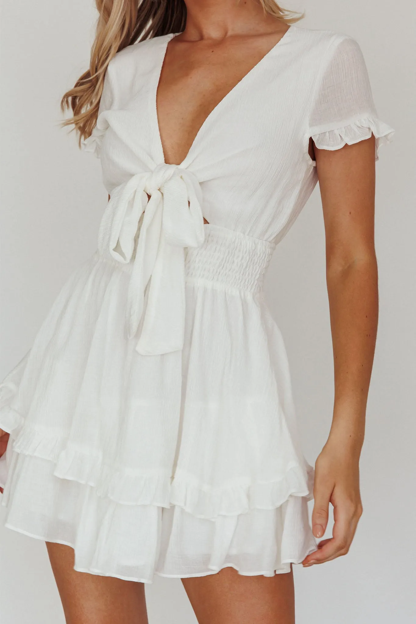 Anthea Bow-Tie Short Sleeve Frill Dress White