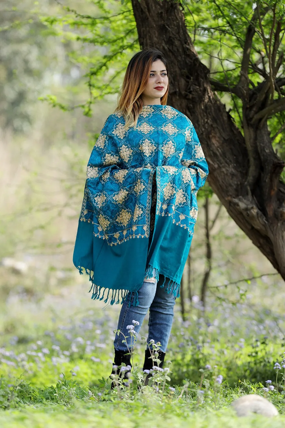 Aqua Green Colour Stole With Graceful Dense Jaal Pattern Of Kashmiri Embroidery Makes It An Ideal Wear.