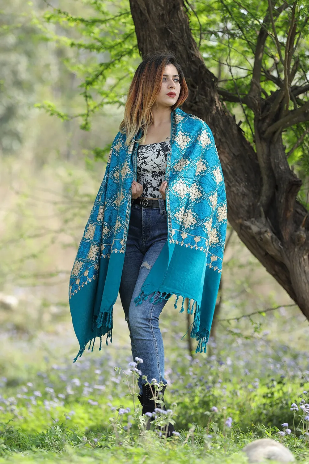 Aqua Green Colour Stole With Graceful Dense Jaal Pattern Of Kashmiri Embroidery Makes It An Ideal Wear.