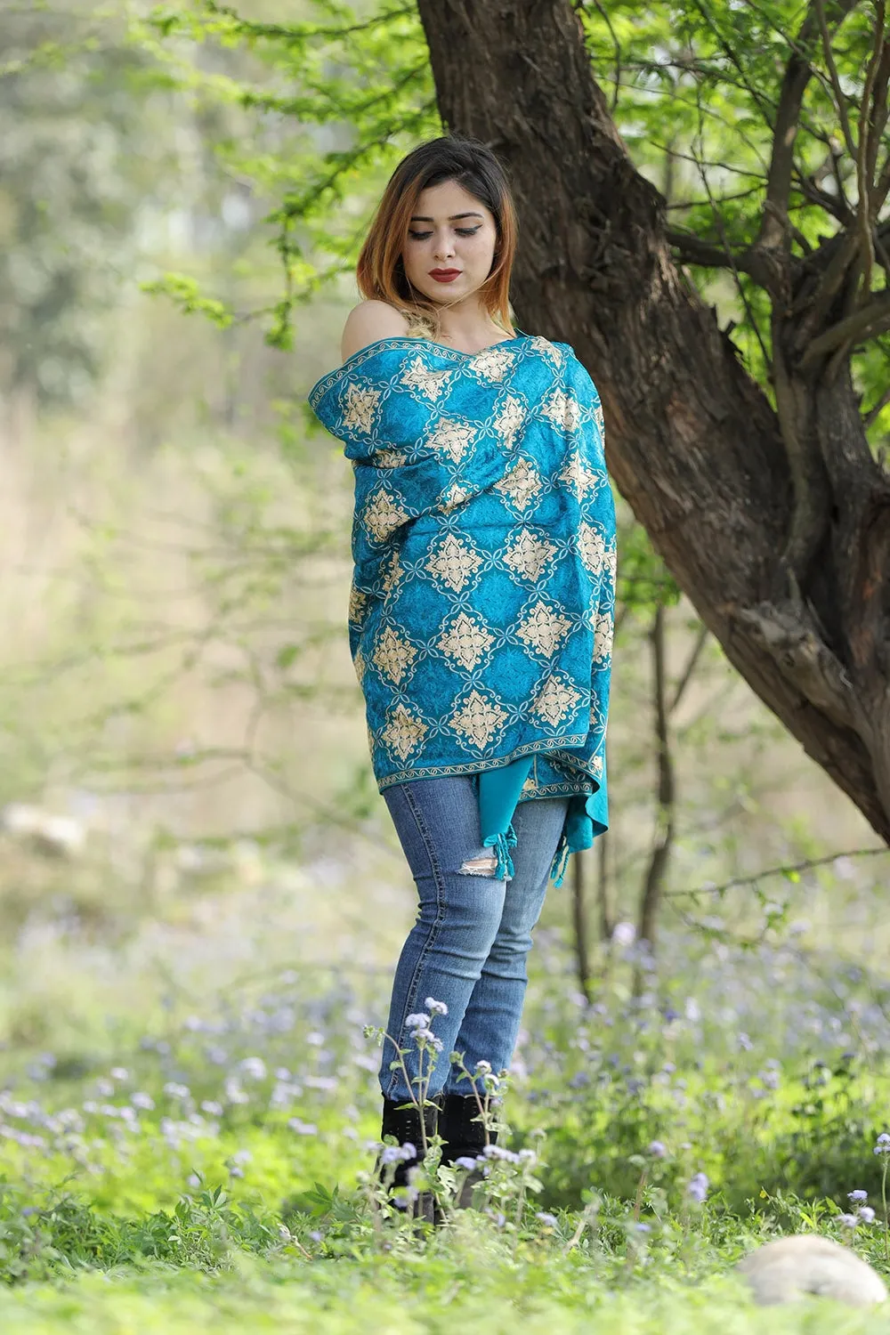 Aqua Green Colour Stole With Graceful Dense Jaal Pattern Of Kashmiri Embroidery Makes It An Ideal Wear.