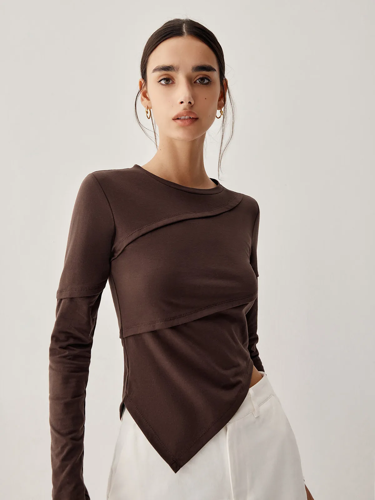 Asymmetric Hem Piping Trendy Long Sleeve Top