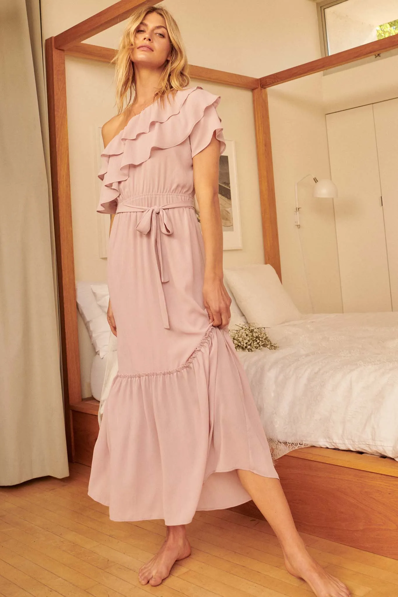 At First Sight Ruffled One-Shoulder Maxi Dress