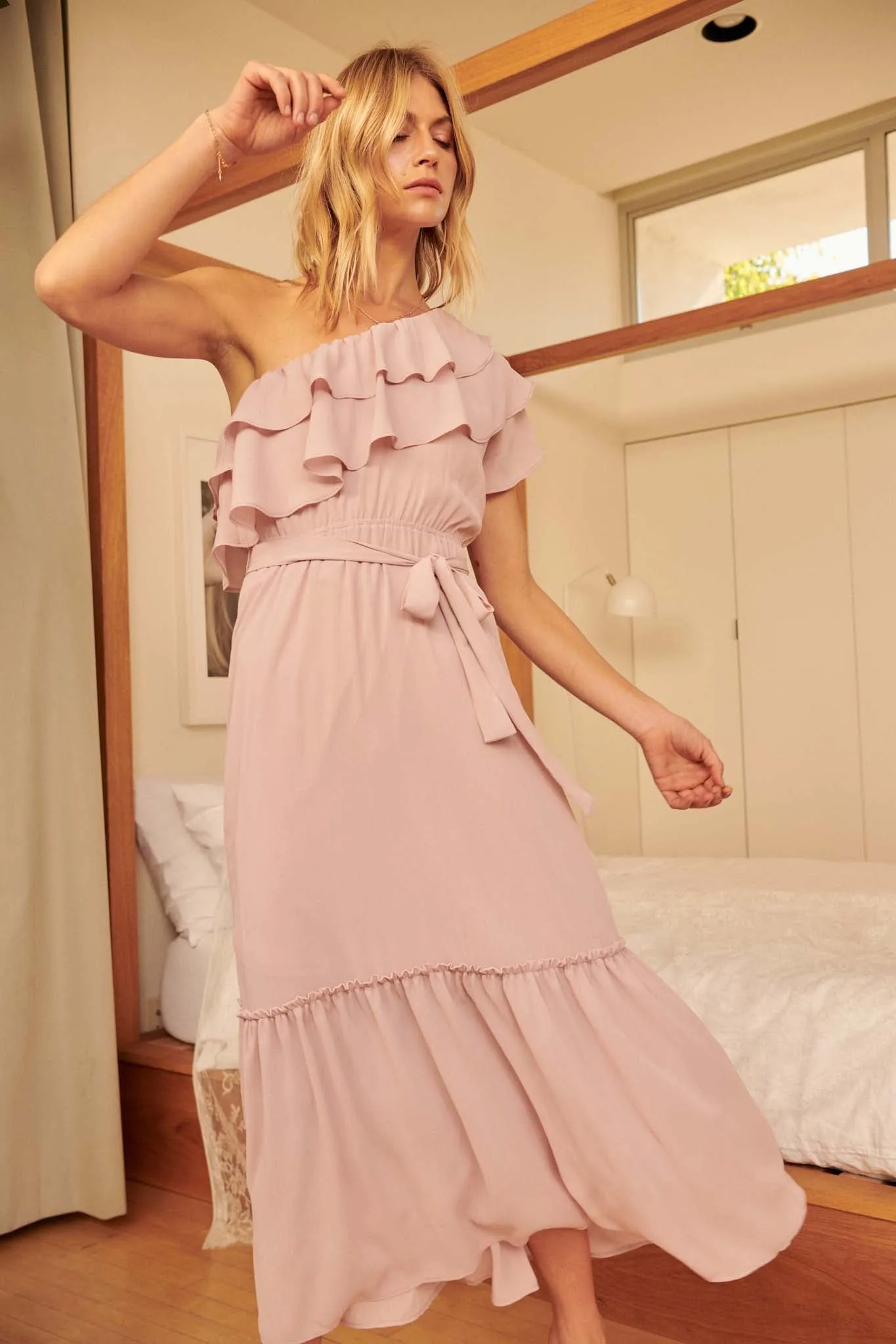 At First Sight Ruffled One-Shoulder Maxi Dress