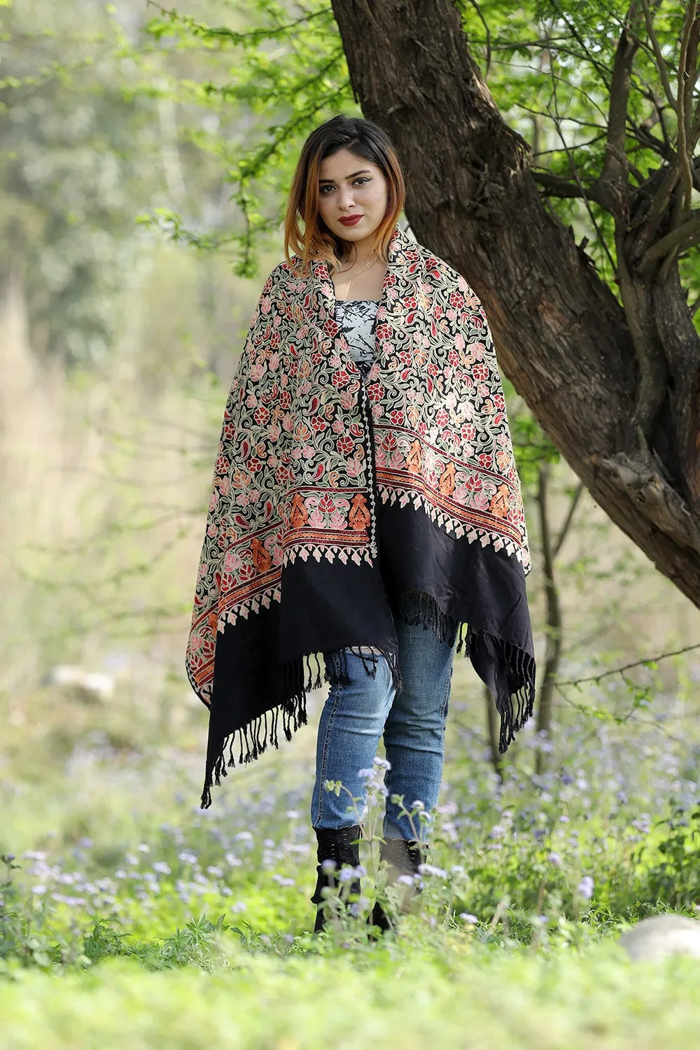 BEAUTIFUL MULTICOLORED Black Colour Stole With Graceful Dense Jaal Pattern Of Kashmiri Embroidery Makes It An Ideal Wear.