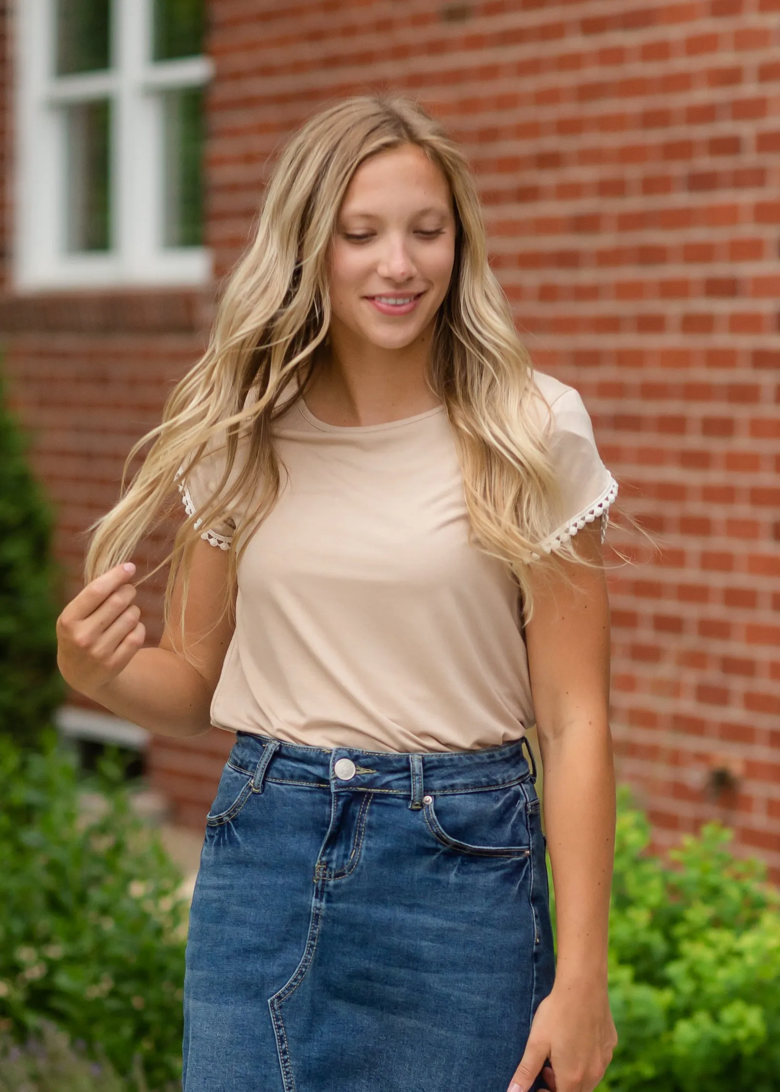 Beige Crochet Detail Tulip Sleeve Top