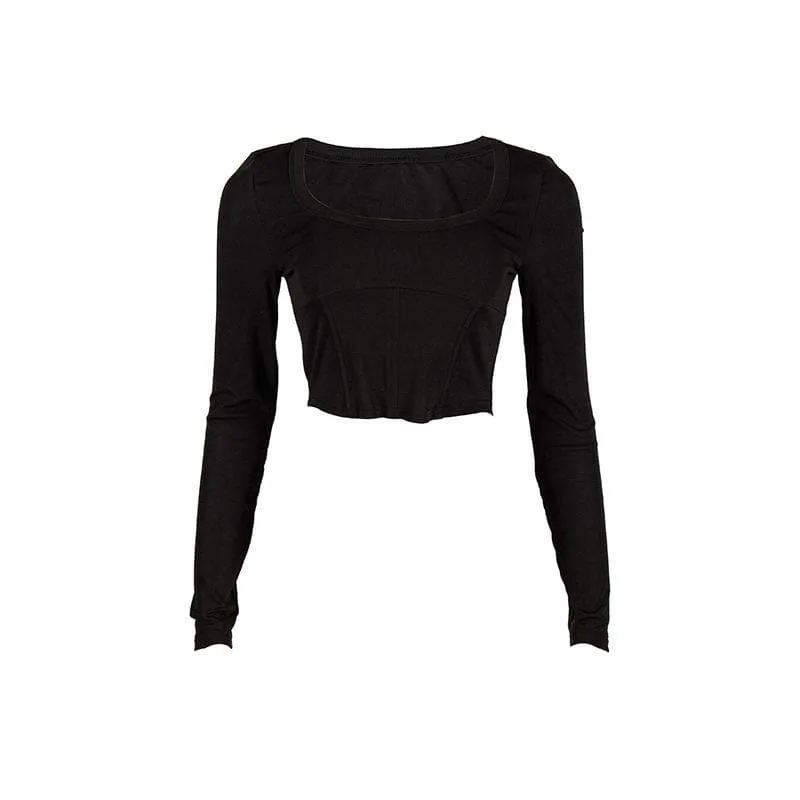 BerryBetty - Bustier u neck solid long sleeve crop top