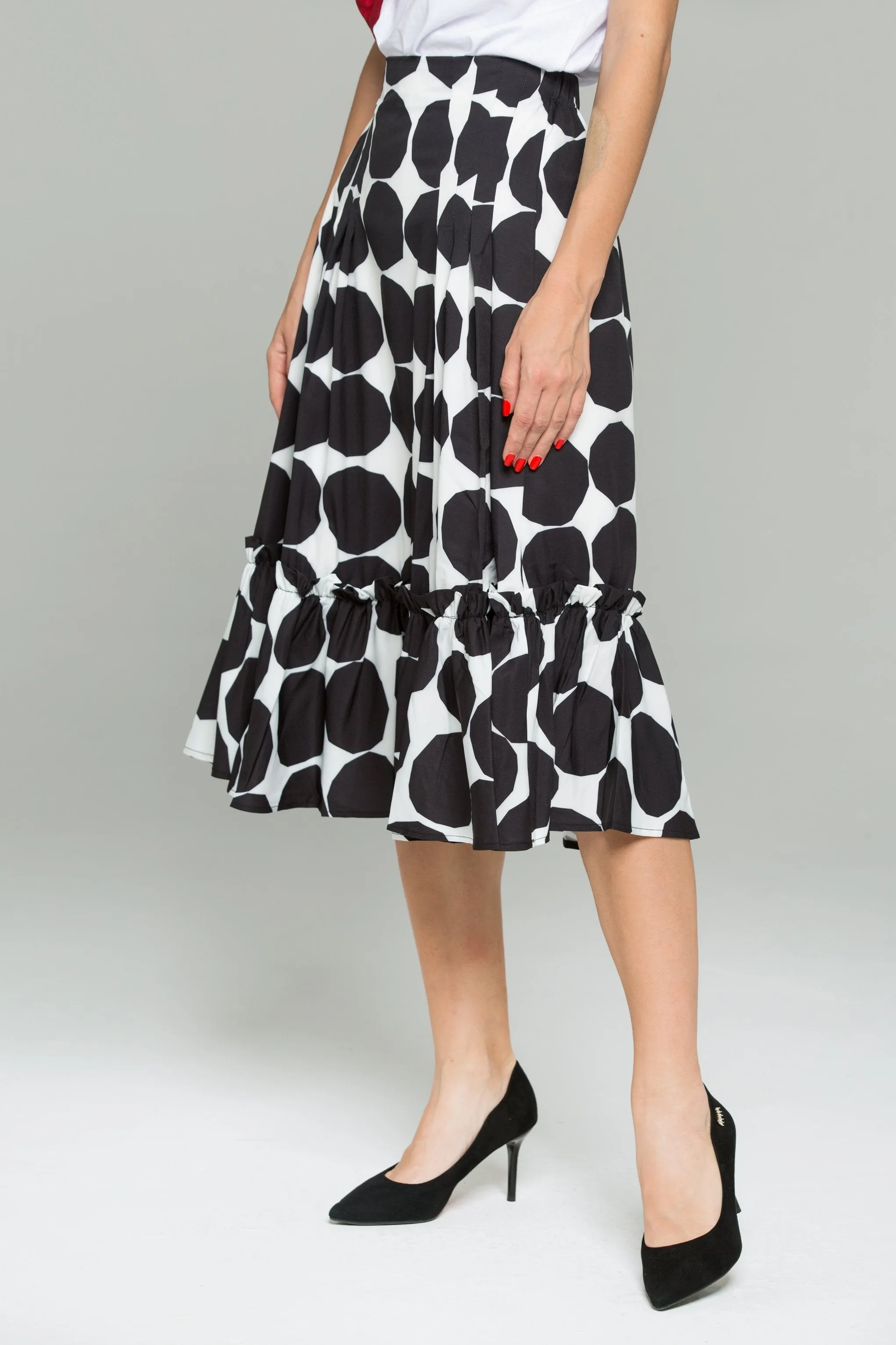 Black and White Big Polka Dot Print Ruffled Hem Flounce Skirt