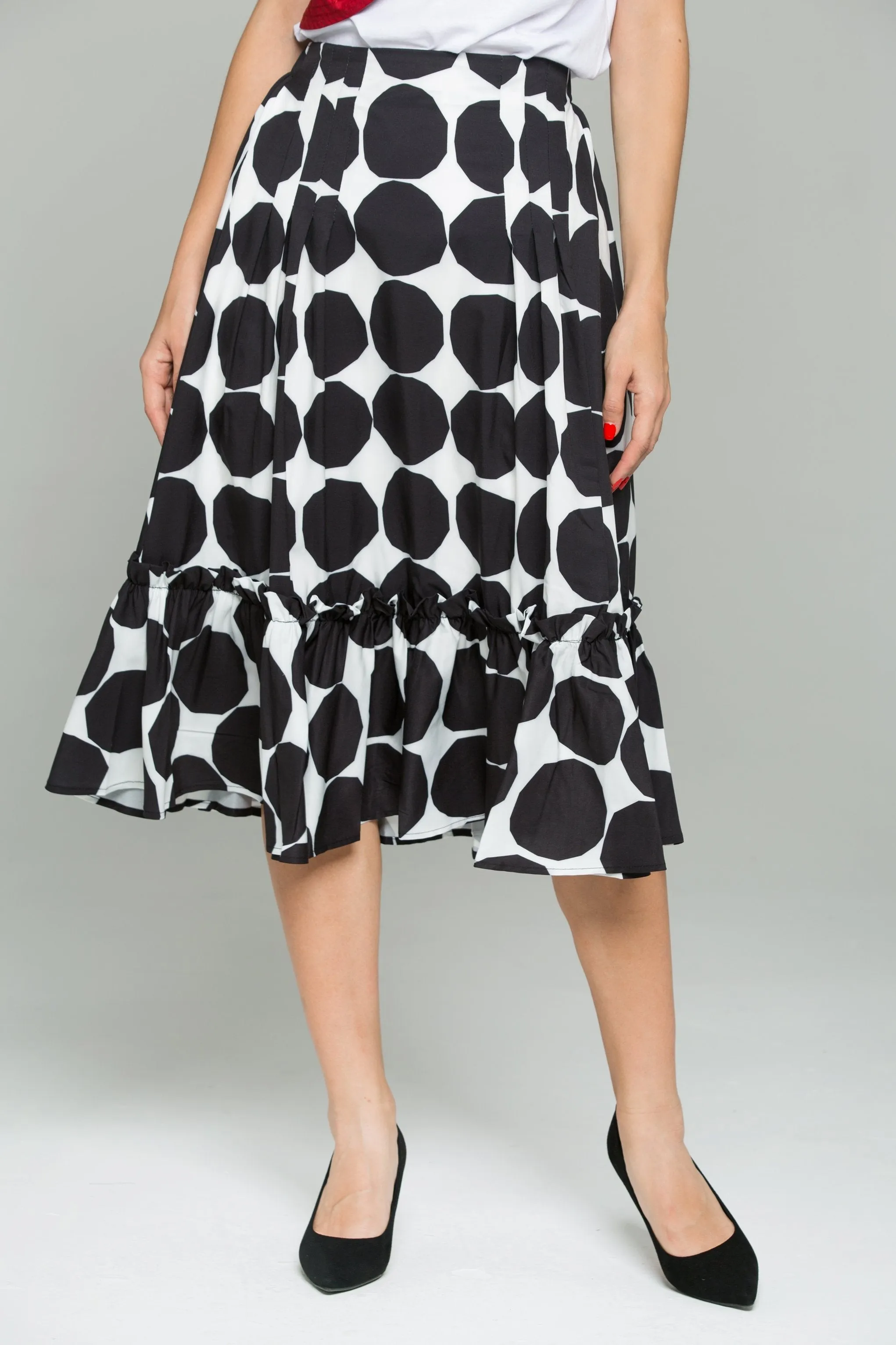 Black and White Big Polka Dot Print Ruffled Hem Flounce Skirt