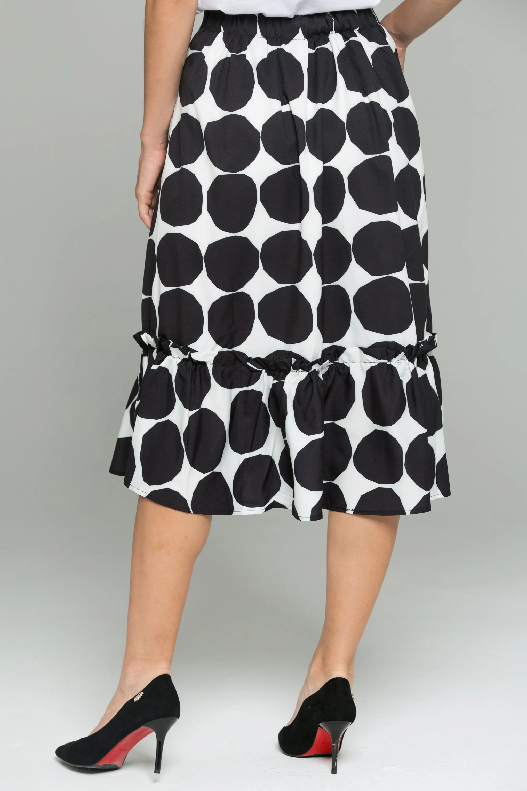 Black and White Big Polka Dot Print Ruffled Hem Flounce Skirt