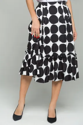 Black and White Big Polka Dot Print Ruffled Hem Flounce Skirt