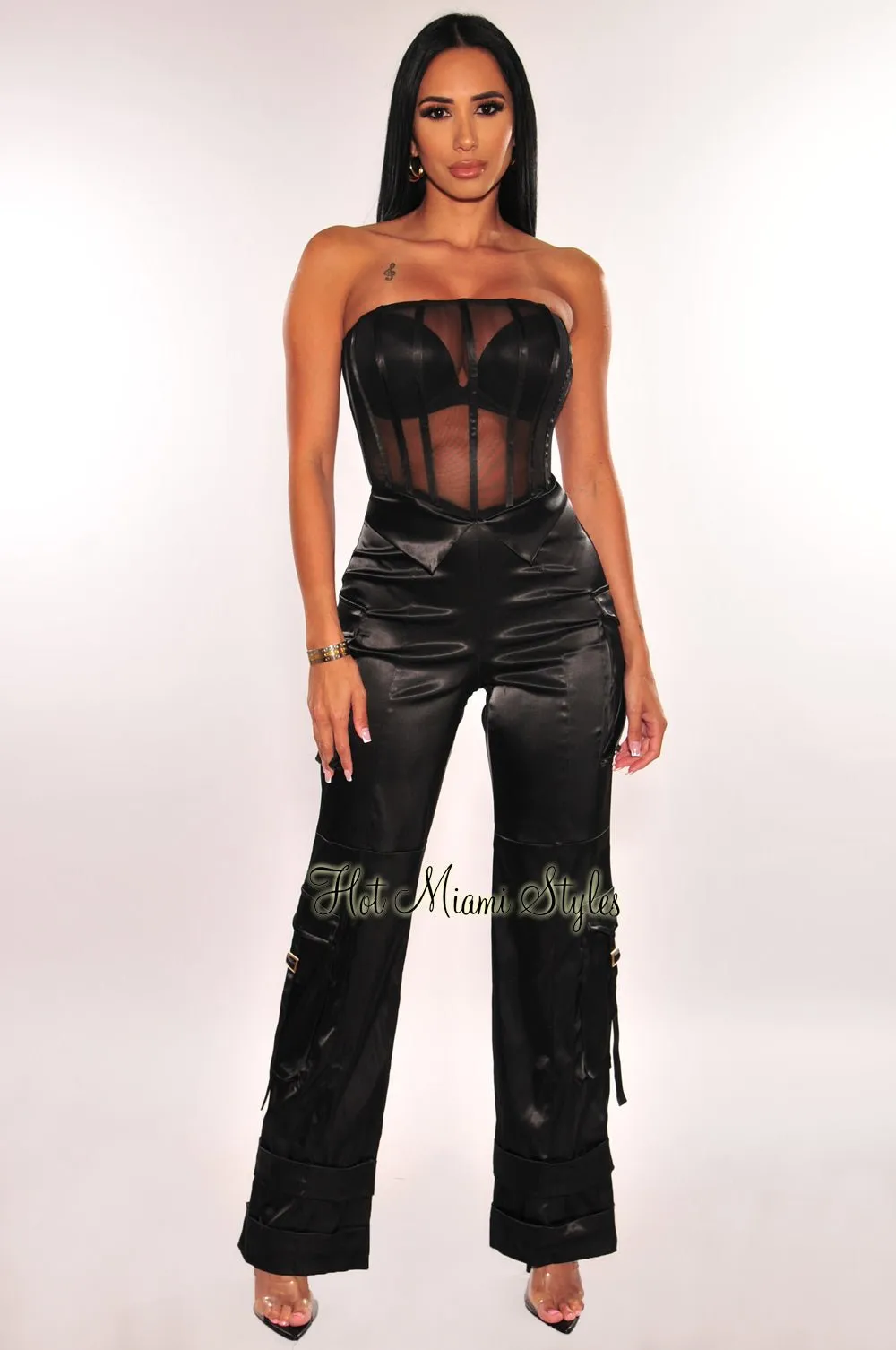 Black Mesh Strapless Boned Bustier Silky Cargo Jumpsuit