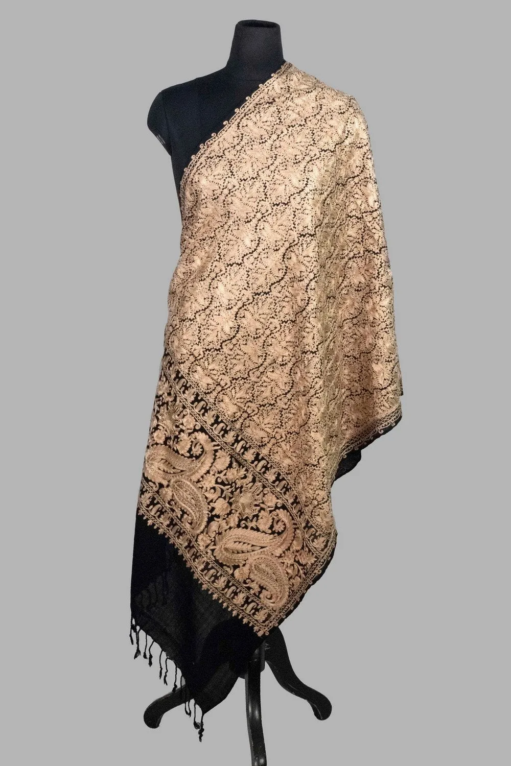 Black Stole With Graceful Dense Jaal Pattern Of Kashmiri Embroidery Makes It An Ideal Wear.