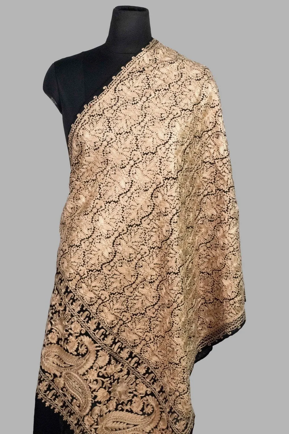 Black Stole With Graceful Dense Jaal Pattern Of Kashmiri Embroidery Makes It An Ideal Wear.