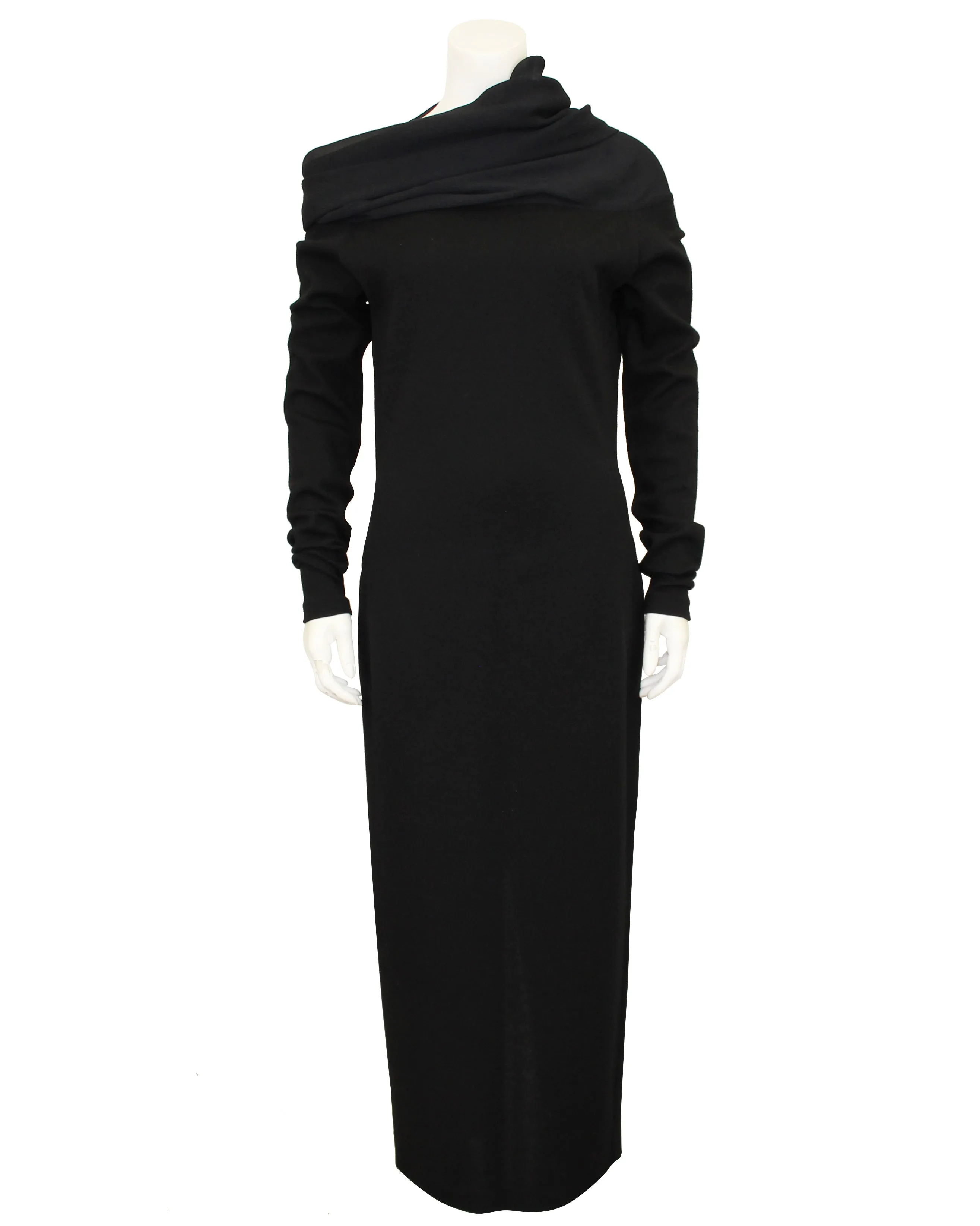 Black Wool Jersey Body Con Dress with Chiffon Collar