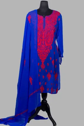 Blue Colour Aari Work Kurti With Thread Embroidery Along With Embroidered Dupatta