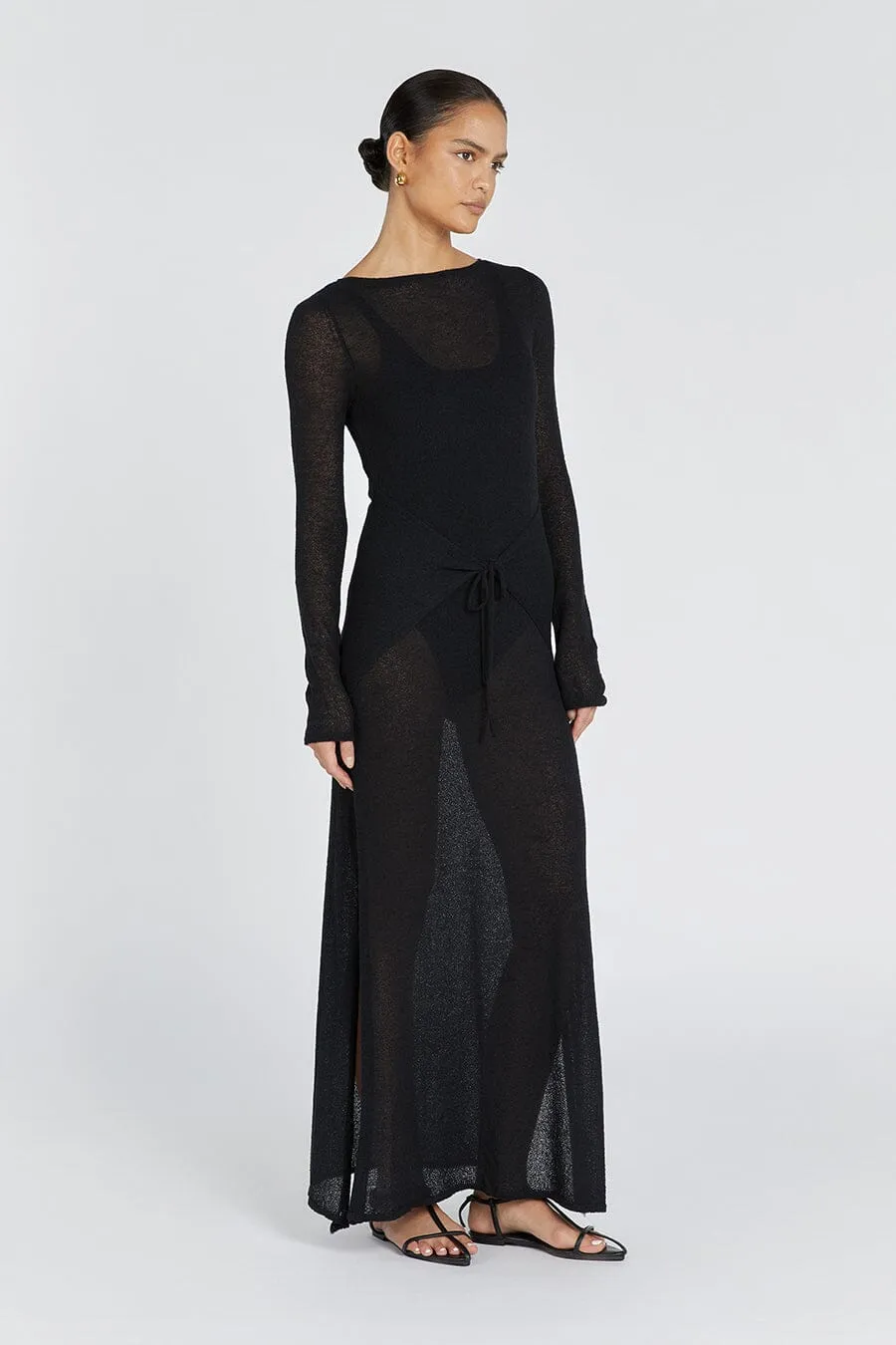 BREE BLACK SLEEVED TIE FRONT MAXI DRESS