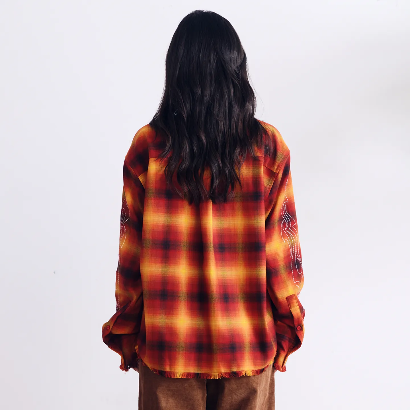 BURNIN* “97’series” raw edge destroyed plaid embroidered shirt