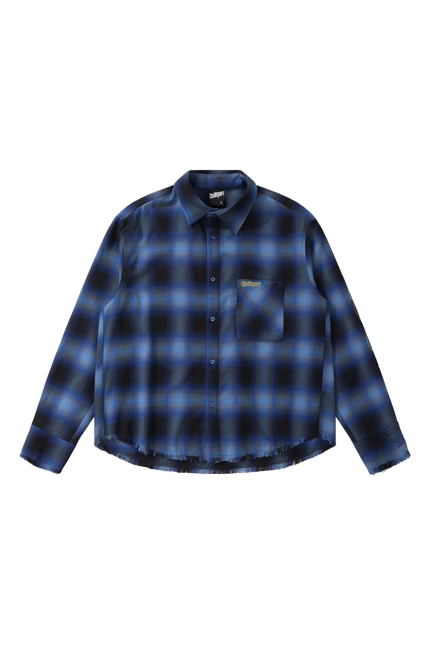 BURNIN* “97’series” raw edge destroyed plaid embroidered shirt