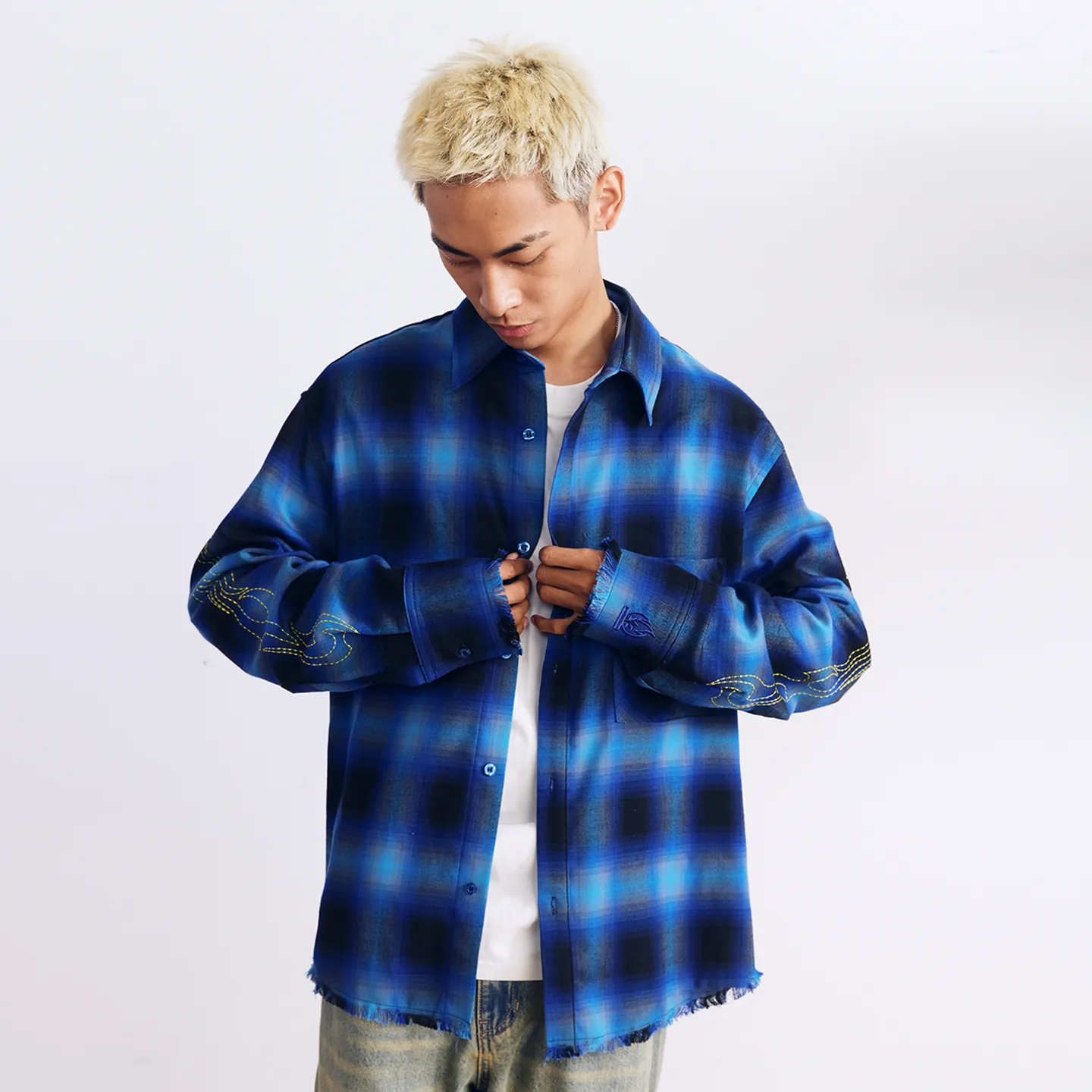 BURNIN* “97’series” raw edge destroyed plaid embroidered shirt