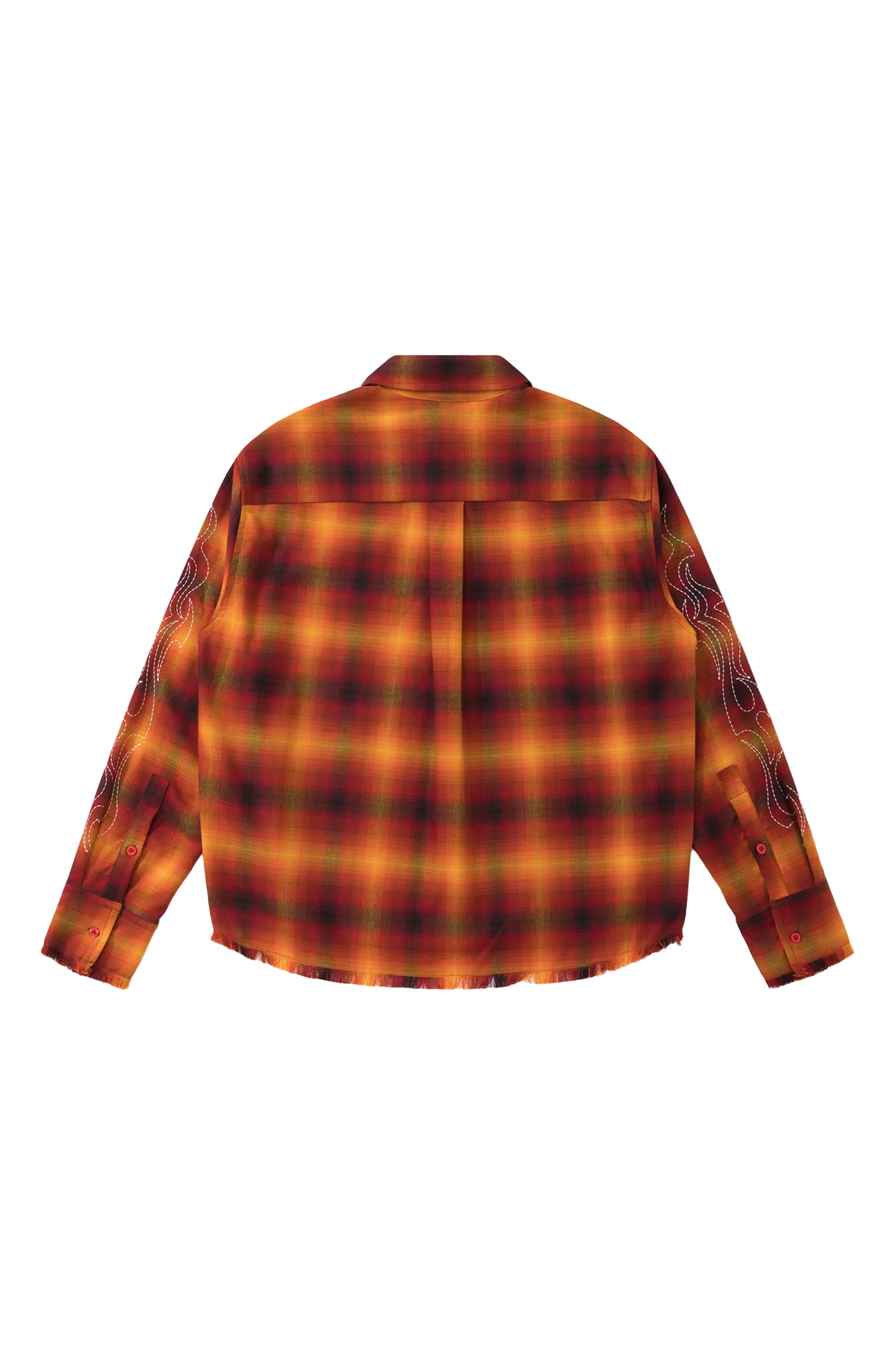 BURNIN* “97’series” raw edge destroyed plaid embroidered shirt