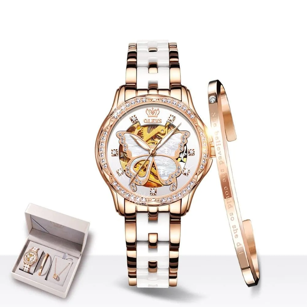 Butterfly Skeleton Watch: Luxury Women's Tungsten Steel 3Bar Water Resistant Mechanical Hand Wind Watch