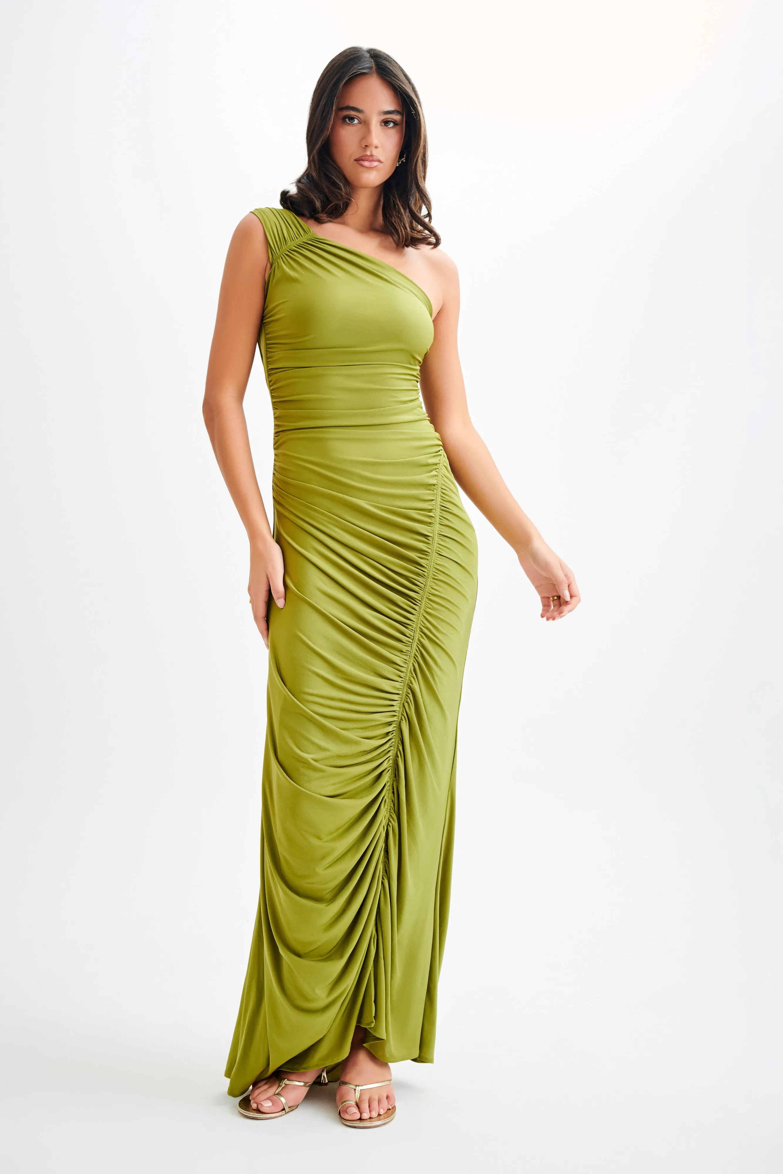 Capri Gathered Slinky Maxi Dress - Vintage Olive