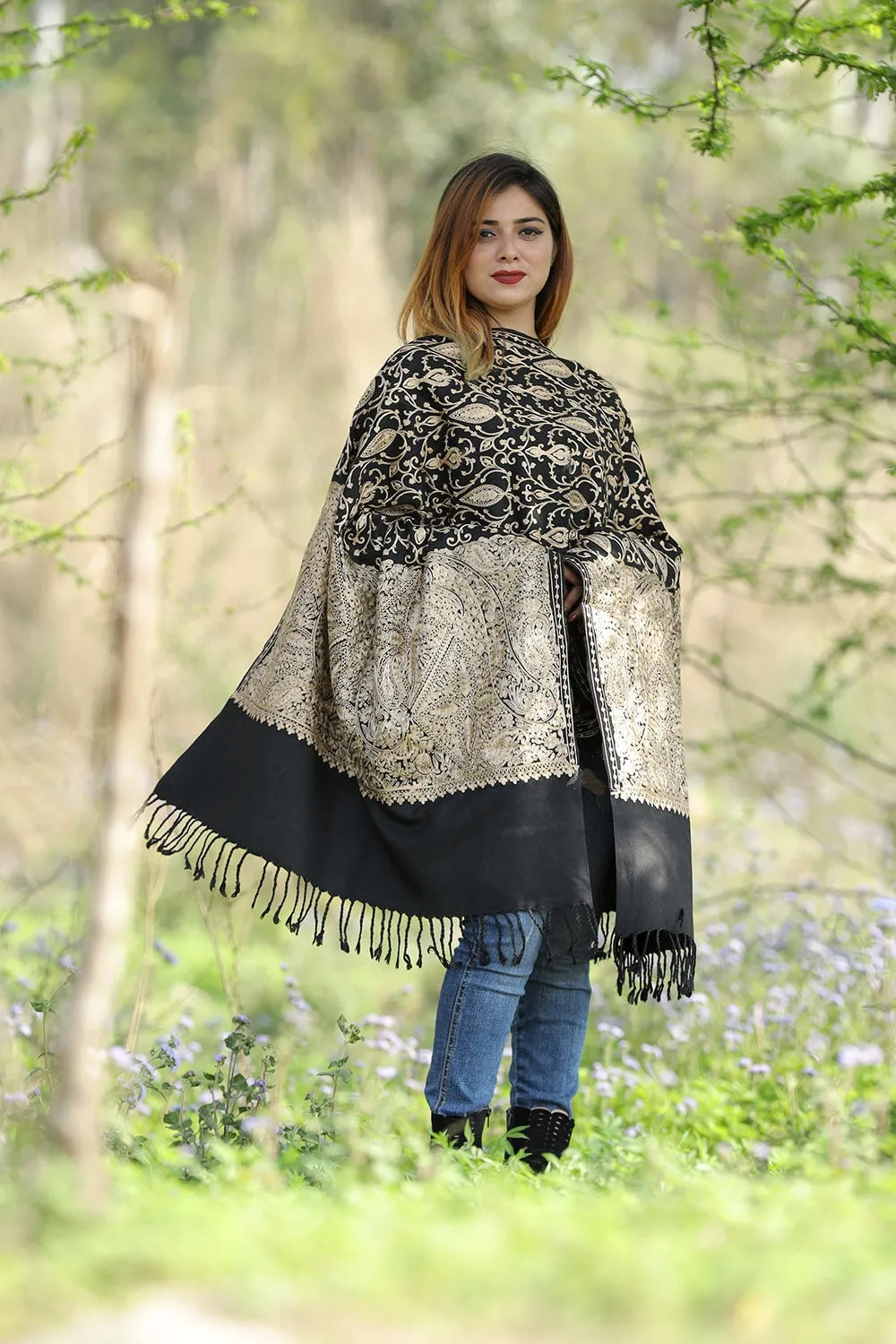 Charcoal Black Colour Stole With Graceful Dense Jaal Pattern Of Kashmiri Embroidery Makes It An Ideal Wear.