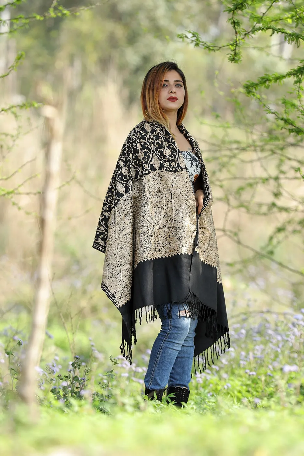 Charcoal Black Colour Stole With Graceful Dense Jaal Pattern Of Kashmiri Embroidery Makes It An Ideal Wear.