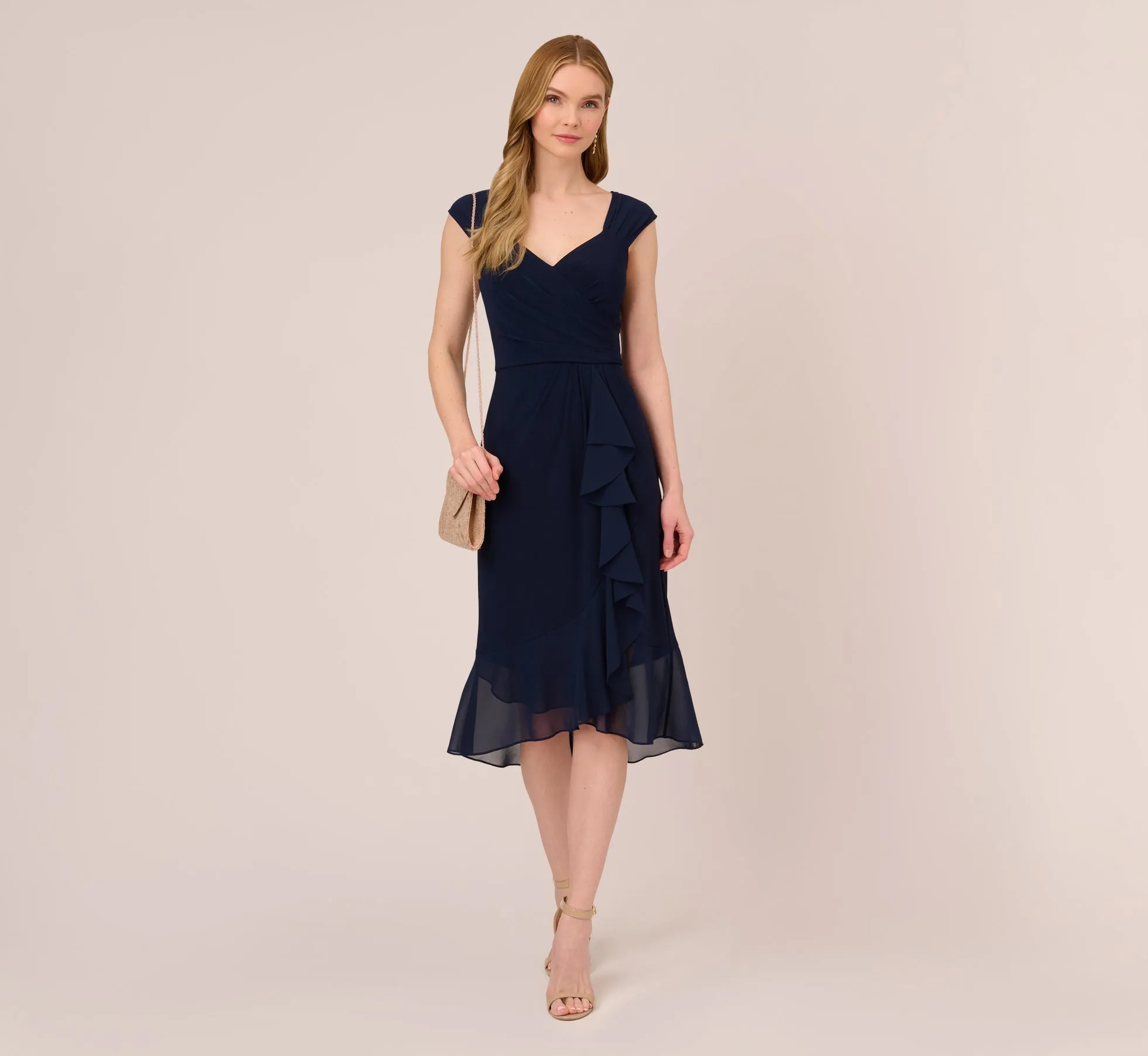 Chiffon And Jersey Flounce Draped Dress With Pleated Details In Midnight