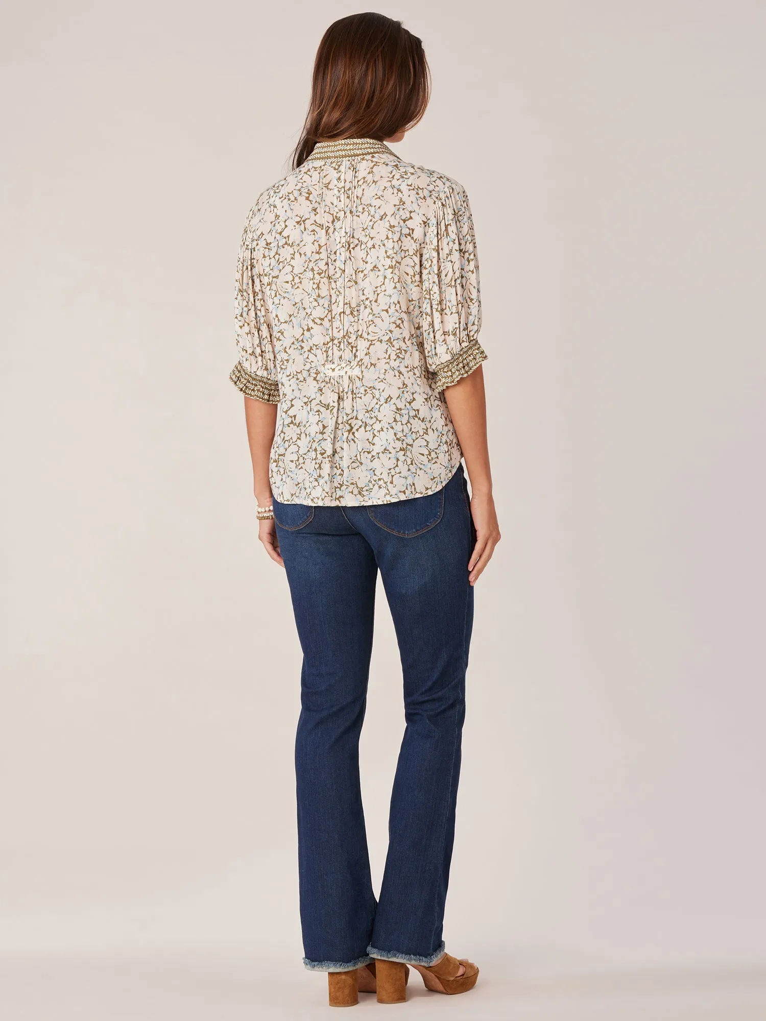 Collared V-Neck Flounce Sleeve Button Down Printed Hi-Low Woven Top