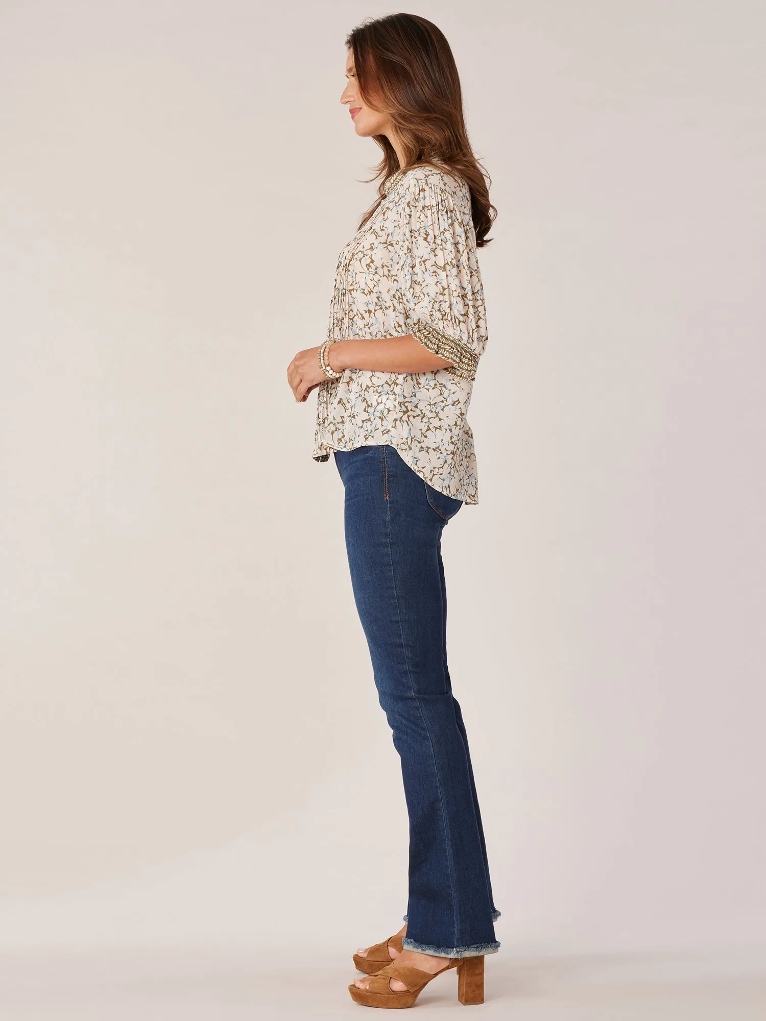 Collared V-Neck Flounce Sleeve Button Down Printed Hi-Low Woven Top