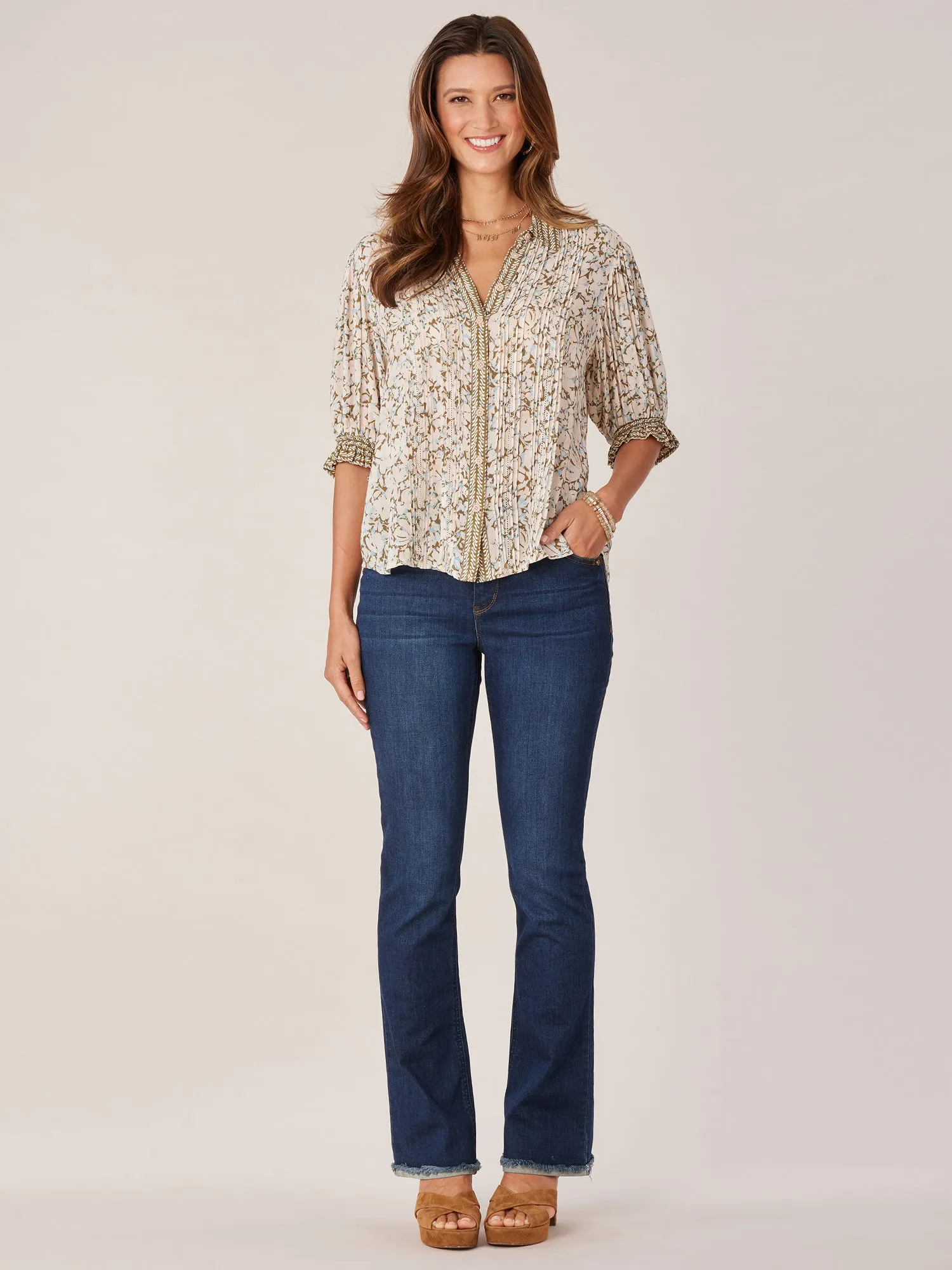 Collared V-Neck Flounce Sleeve Button Down Printed Hi-Low Woven Top