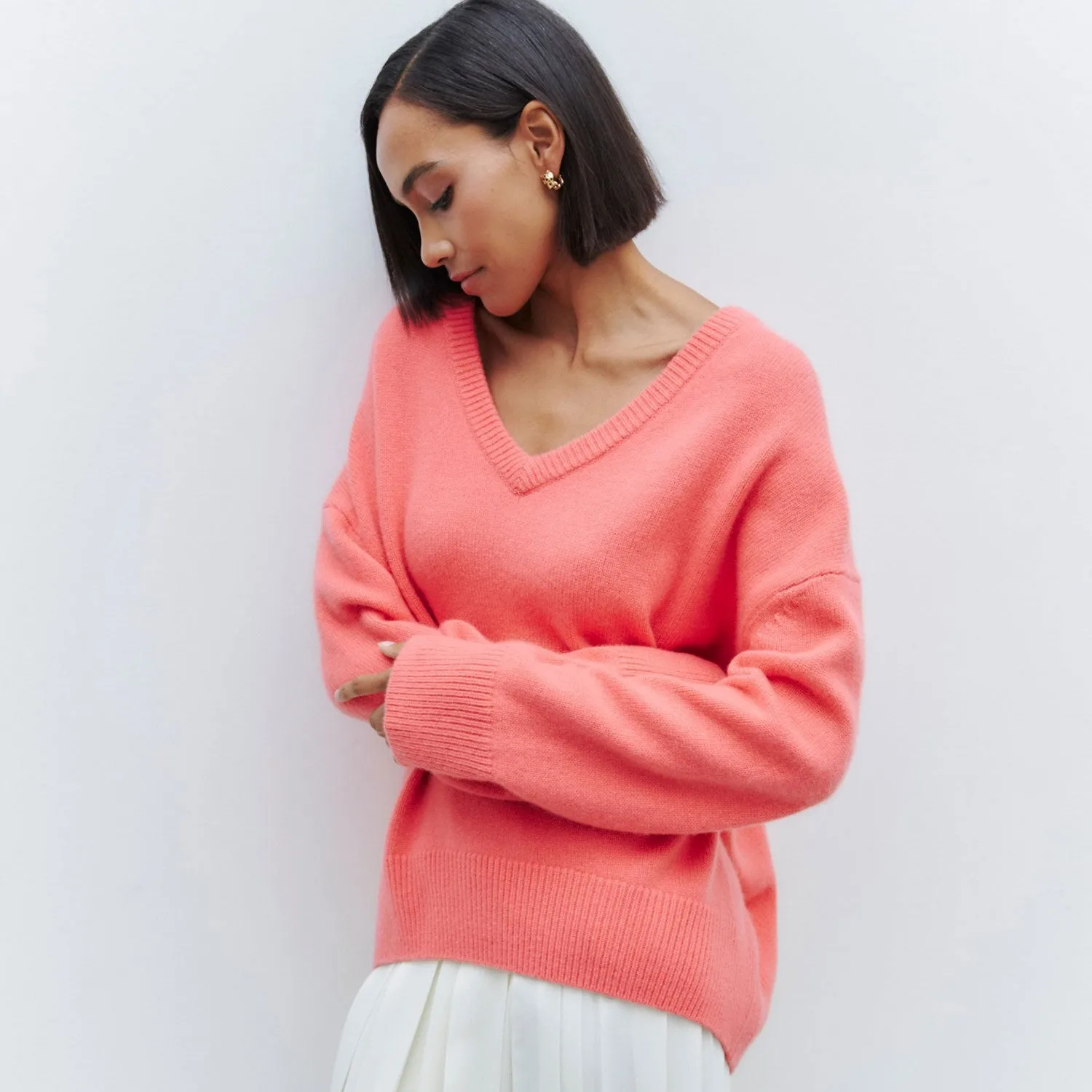 Comfy Oversized Monochrome V Neck Drop Shoulder Long Sleeve Pullover Knit Sweater